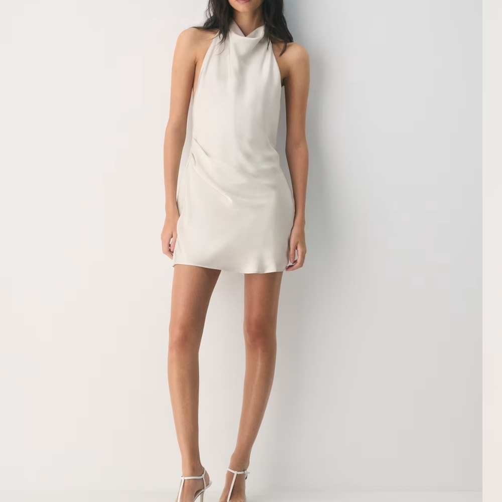 Aritzia Babaton Ten Audience Satin Mini Halter Dress Matte Pearl